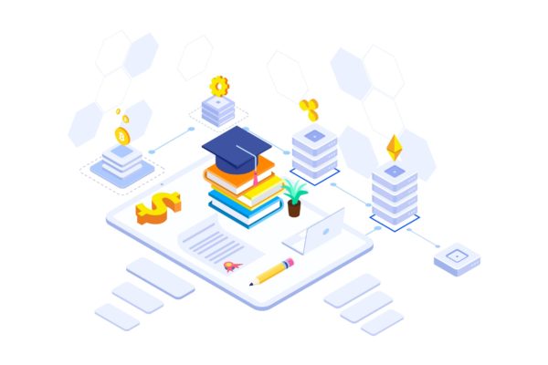 教育基金区块链平台等距概念插画v2 Education Fund Blockchain Platform Isometric – FV