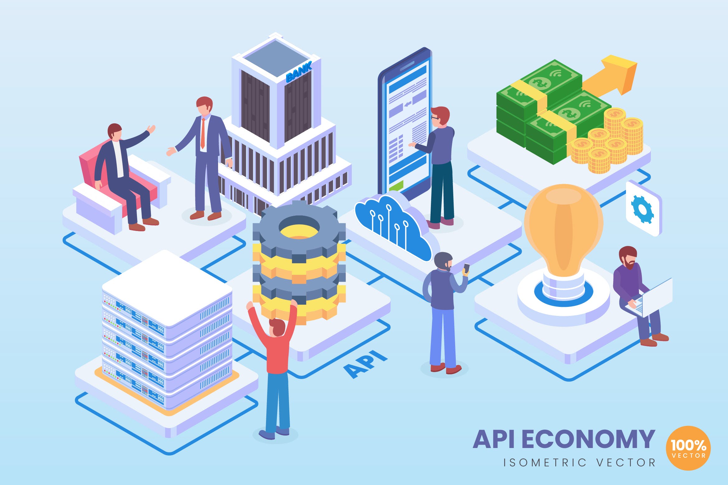 API经济技术等距矢量素材库精选科技概念插画 Isometric API Economy Technology Vector Concept插图