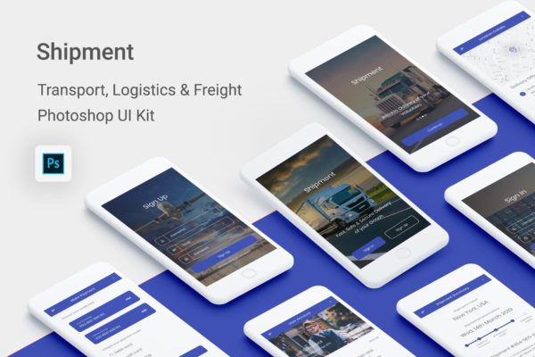 物流运输APP用户界面设计UI套件PSD模板 Shipment – Logistic &amp; Transport UI Kit (Photoshop)