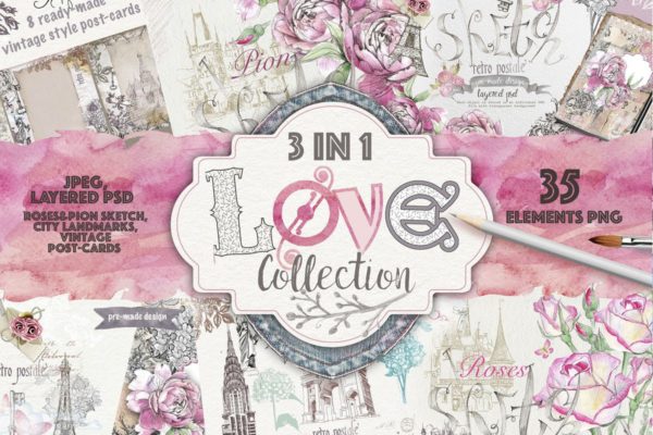 三合一浪漫巴黎主题复古风格明信片设计模板 Love collection 3 in 1