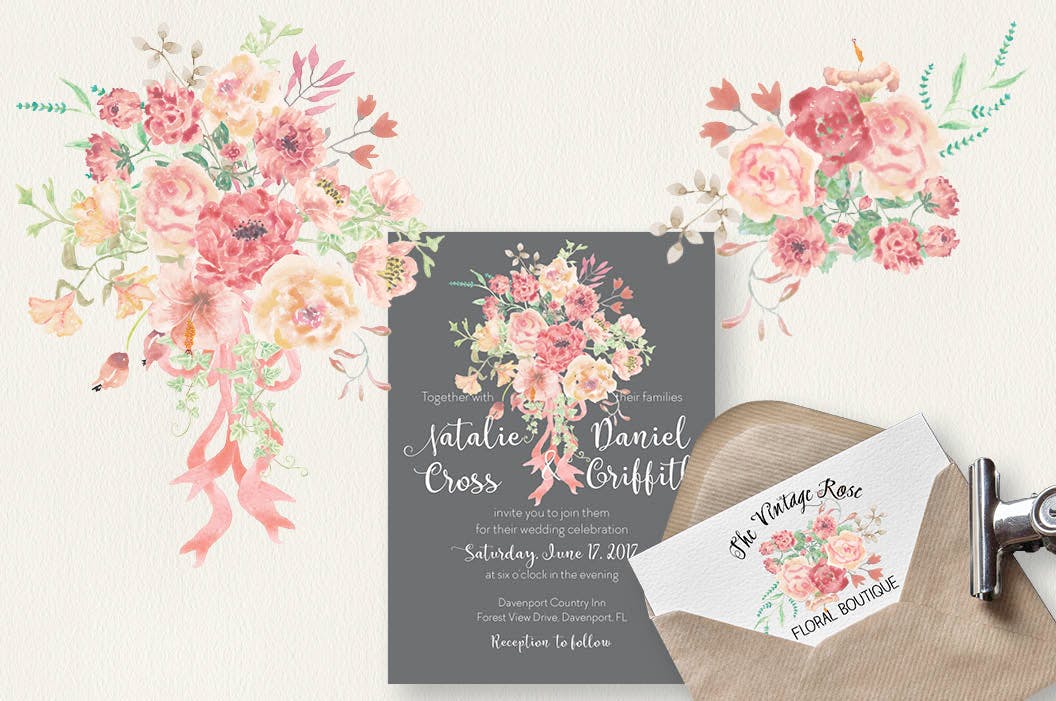 复古风格水彩玫瑰图案剪贴画素材 Vintage Roses Watercolor Clip Art Bundle插图(3)