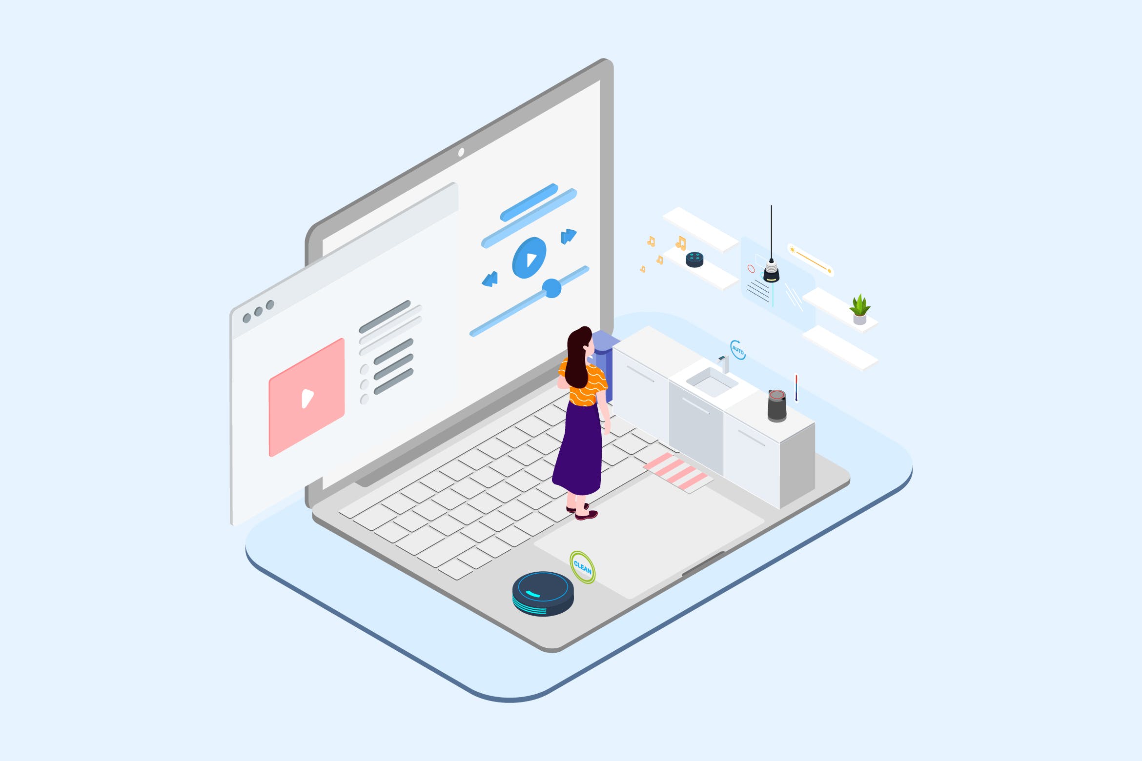 家庭智能音箱主题场景2.5D等距概念矢量插画v2 Smart Echo Isometric Illustration – T2插图