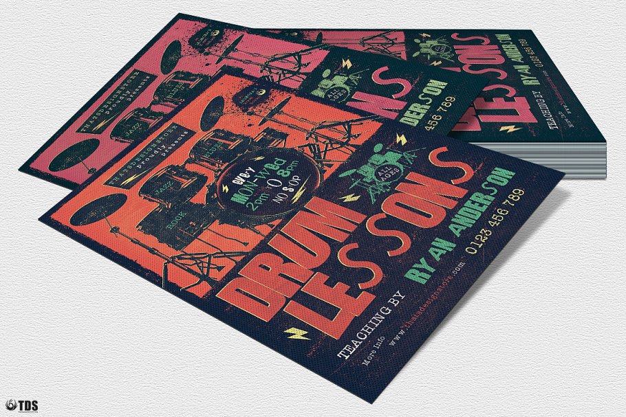 架子鼓培训宣传海报PSD模板 Drum Lessons Flyer PSD V2插图(3)