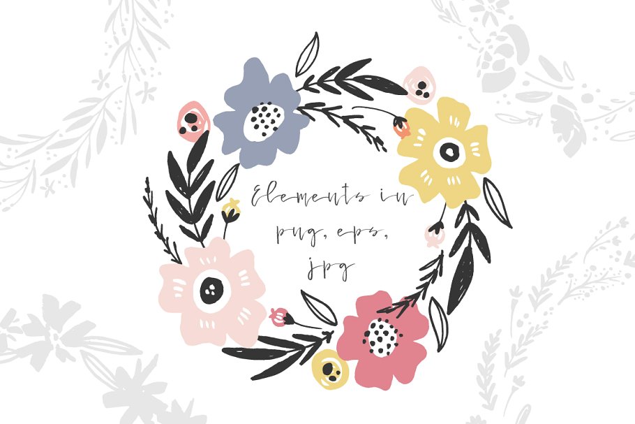 超级手绘花卉&叶子元素大礼包 Floral mega-bundle: 1267 elements插图(13)