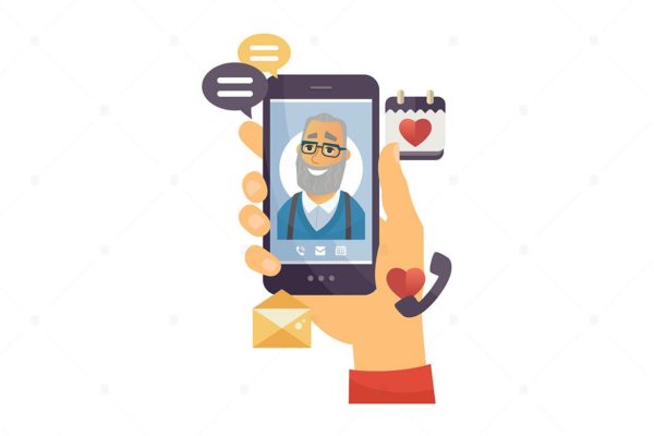 手机来电视频通话彩色矢量插画素材库精选 Grandfather calling – colorful illustration