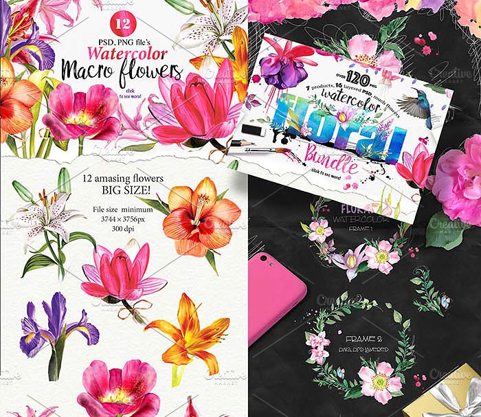 水彩元素插画大礼包[2.67GB] Over 120PNG watercolors插图(14)