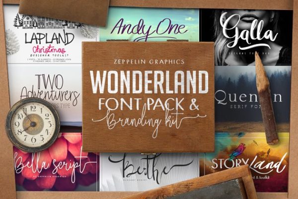 13款手写英文字体合集&amp;Logo模板、矢量插画 Wonderland Fonts Pack &amp; Branding Kit