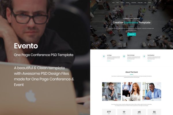 会议&amp;活动主题网站设计PSD模板 Evento – One Page Conference &amp; Event PSD Template