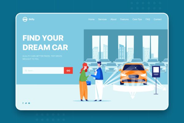 4S店汽车销售网站设计矢量插画素材 Salesperson showing vehicle to potential customer