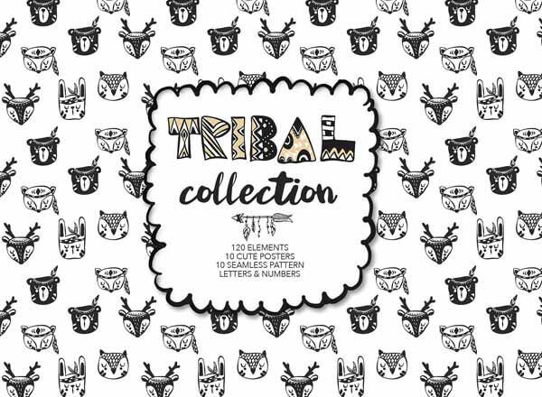 可爱的手绘部落动物无缝背景素材下载[eps,ai,svg,png]