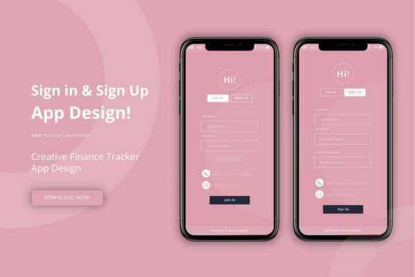 粉色APP应用注册登录界面设计素材库精选模板 Pink Login＆Sign Up