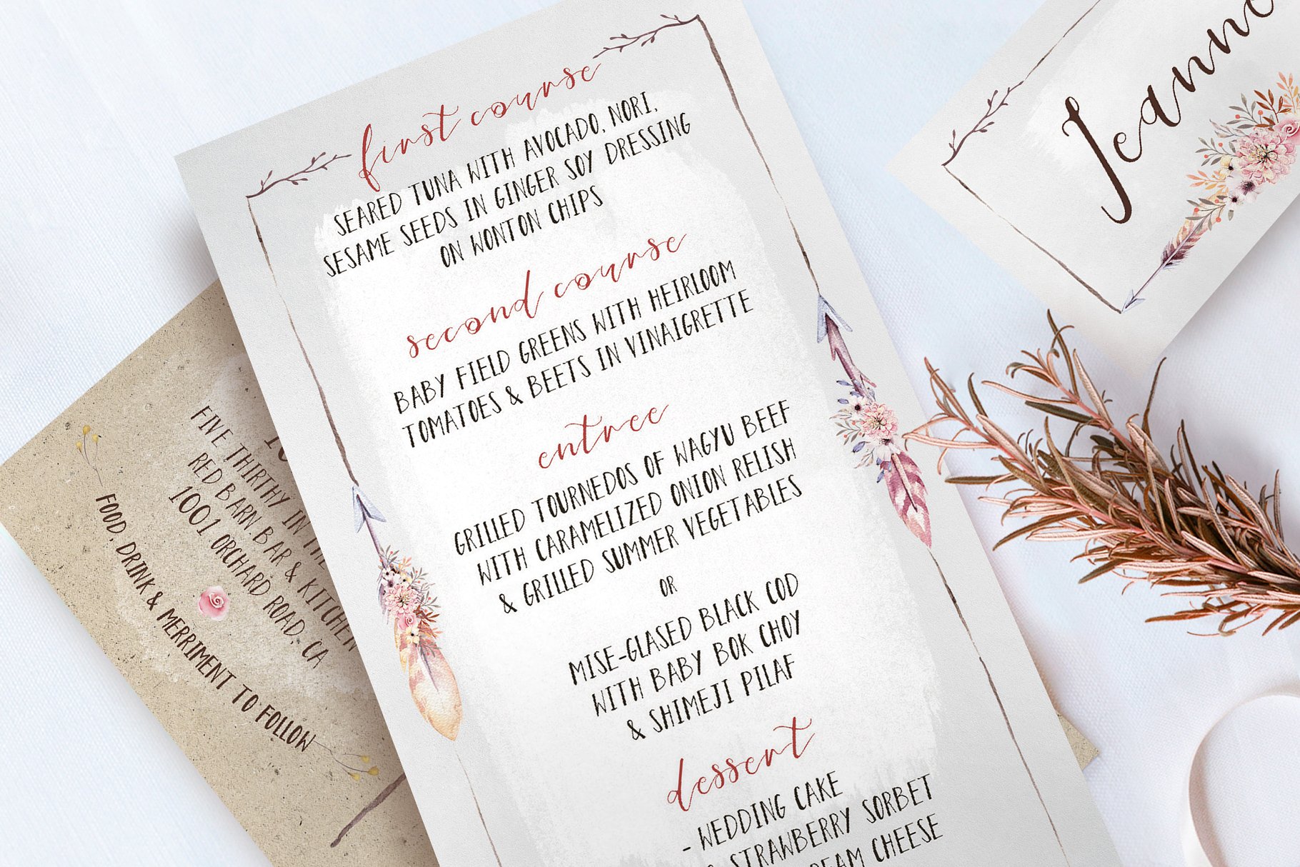 波希米亚水彩花卉婚礼设计物料模板 Boho Flower Wedding Suite插图(1)