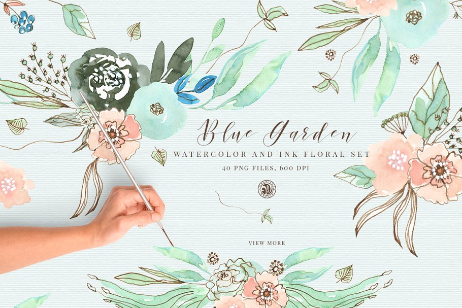 水彩蓝色花园手绘花卉元素 Blue Garden Floral Set插图