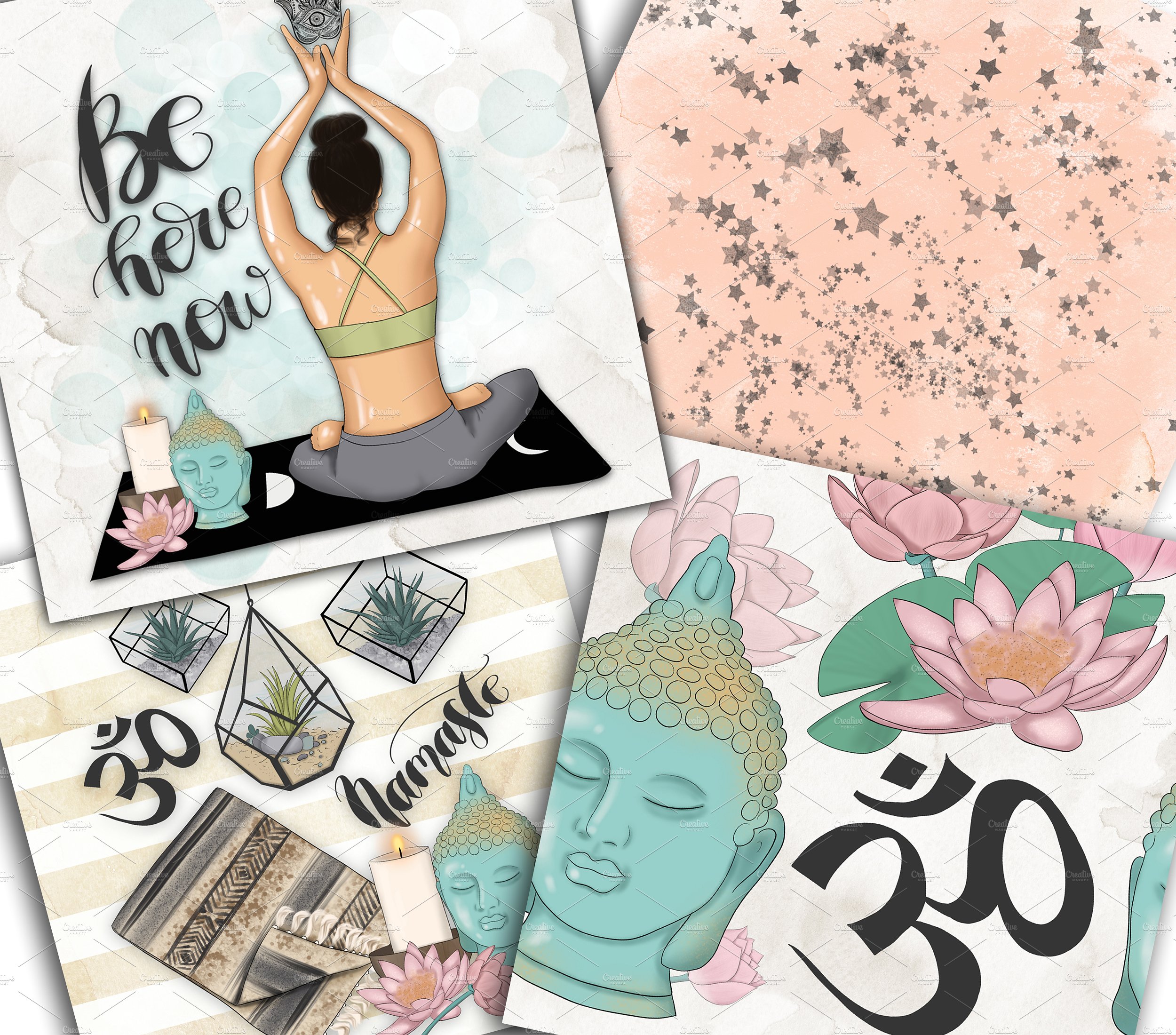 瑜伽经典合十礼动作数字纸张插画设计 Namaste Digital Paper Pack插图(2)