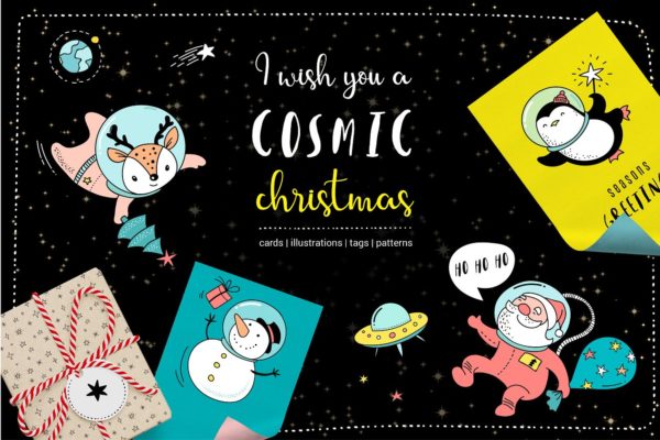 外太空宇宙圣诞节手绘插画素材 Cosmic Christmas in outer space