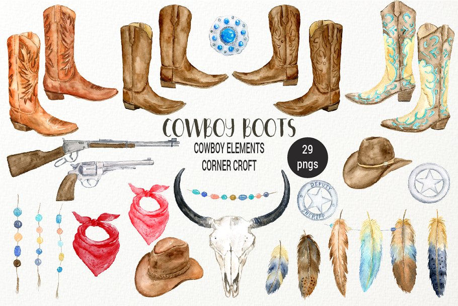 经典水彩牛仔靴剪贴画 Watercolor Cowboy Boots Illustration插图(1)