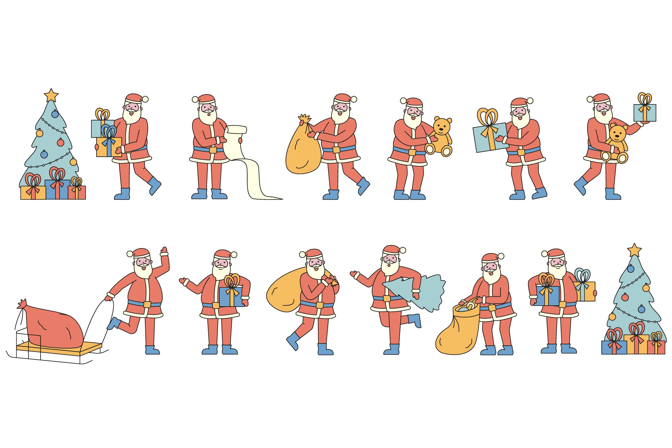 圣诞老人人物形象线条艺术矢量插画素材 Santa Claus Lineart People Character Collection插图