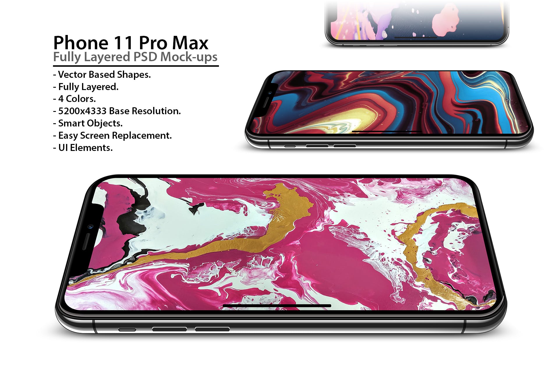 超高清分辨率iPhone Pro Max手机屏幕预览样机模板 Phone 11 Pro Layered PSD Mock-ups插图