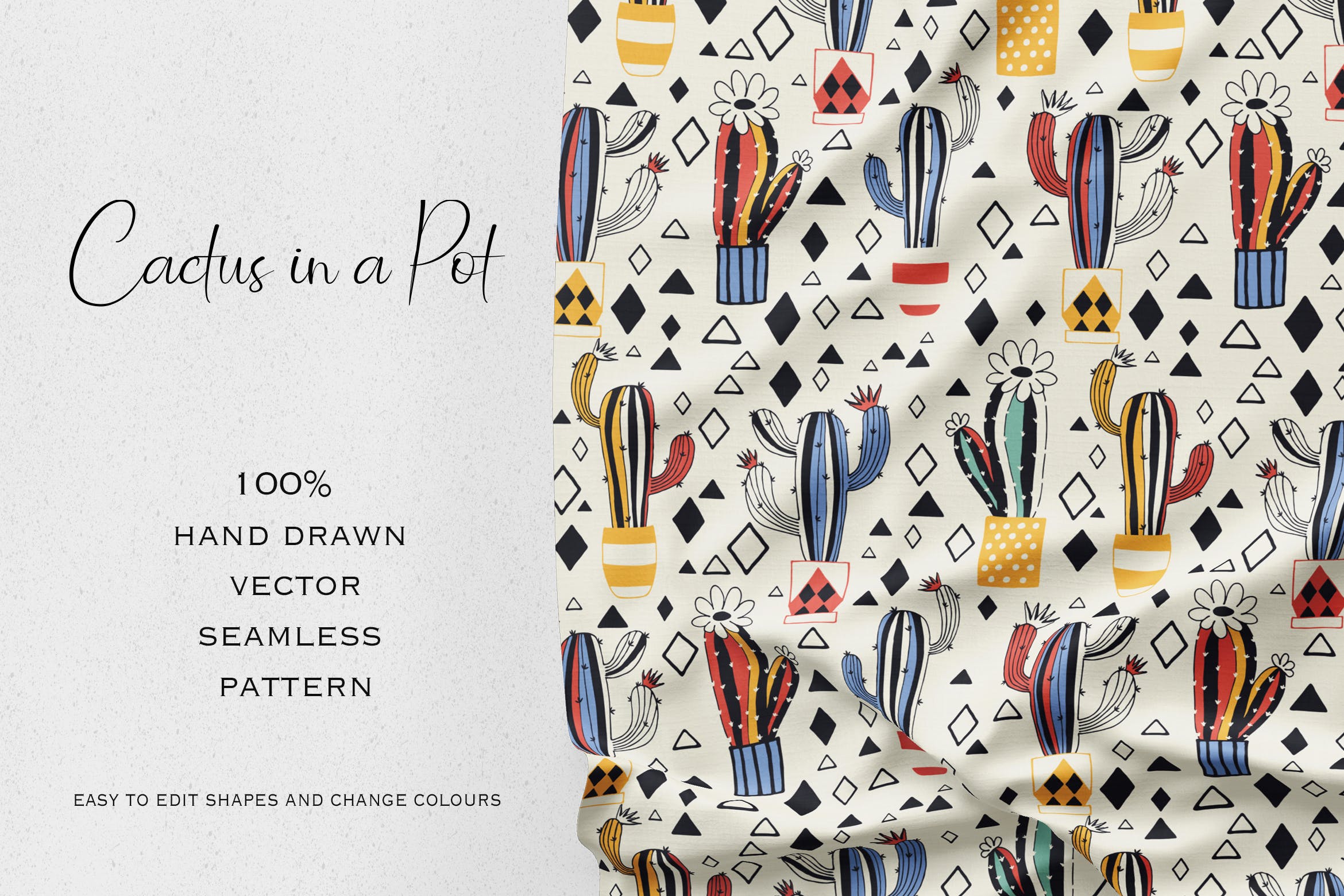 仙人掌手绘图案无缝贴图纹样背景设计素材 Cactus in a pot on milky white插图