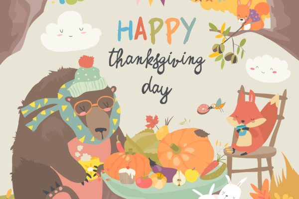 可爱动物感恩节矢量手绘图形素材 Cute animals celebrating Thanksgiving day. Vector
