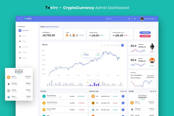 加密货币交易平台后台管理界面UI设计套件 Toniry – CryptoCurrency Admin Dashboard UI Kit