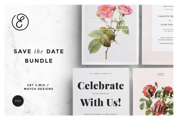 预留时间邀请函设计模板 Botanical Save the Date Bundle