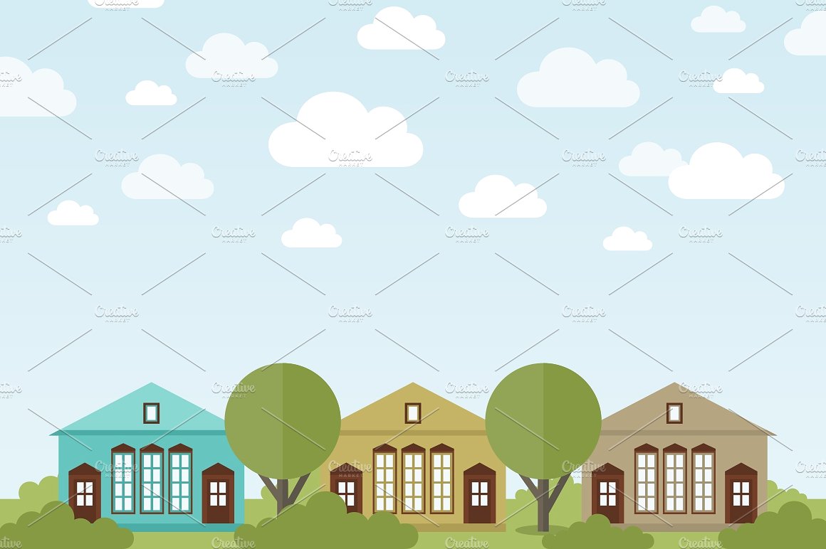 别墅住宅及园林景观矢量插画插图