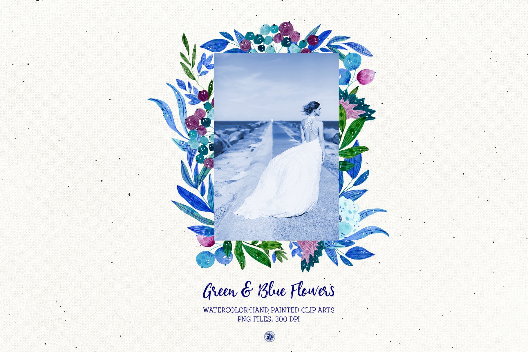 绿色&蓝色水彩手绘花卉剪贴画PNG素材 Green and Blue Flowers插图(3)