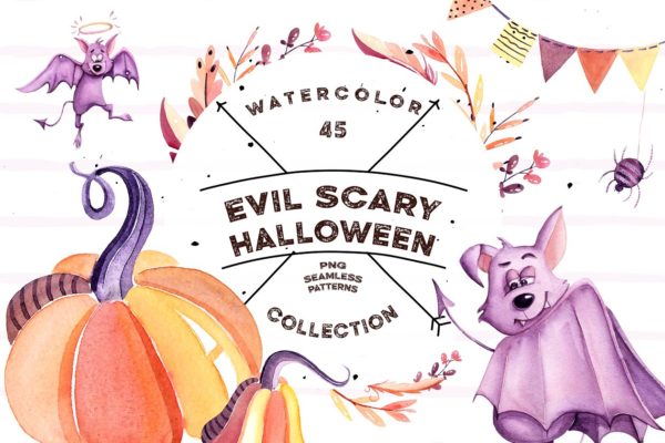 罪恶与万圣节水彩剪贴画素材 Watercolor Evil Scary Halloween