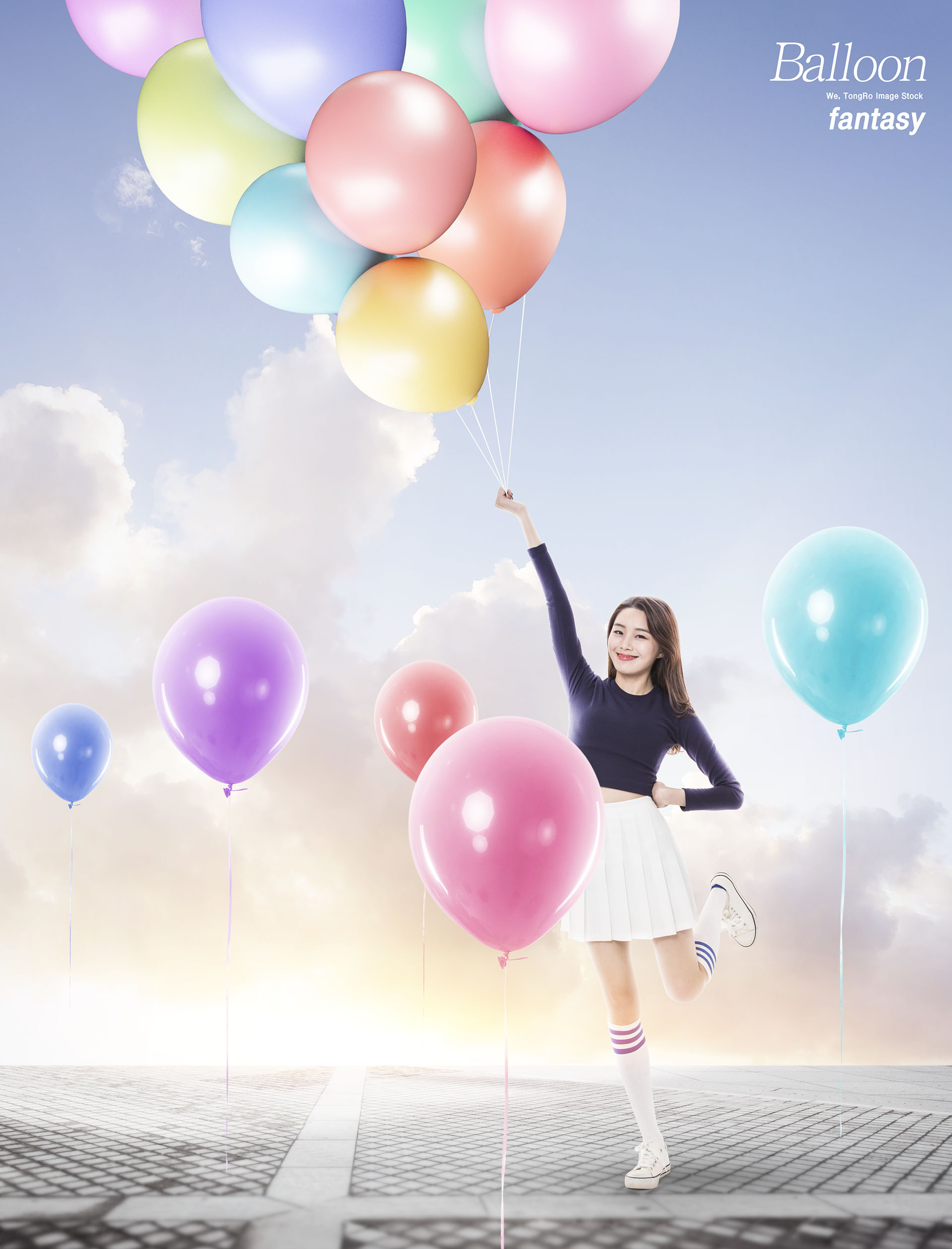 梦幻三八妇女节气球清新阳光女孩创意场景PSD海报模板插图(7)