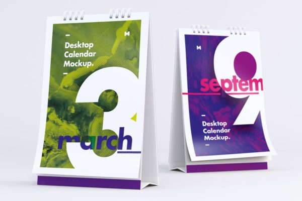 纵向活页桌面日历设计预览前视图＆后视图样机 Desktop Portrait Calendars Mockup Front and Back View