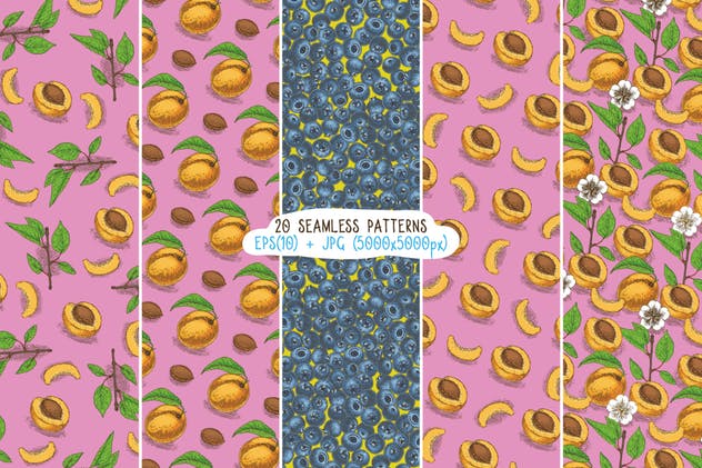 水果图案无缝纹理合集 Fruits Seamless Patterns Set插图(1)