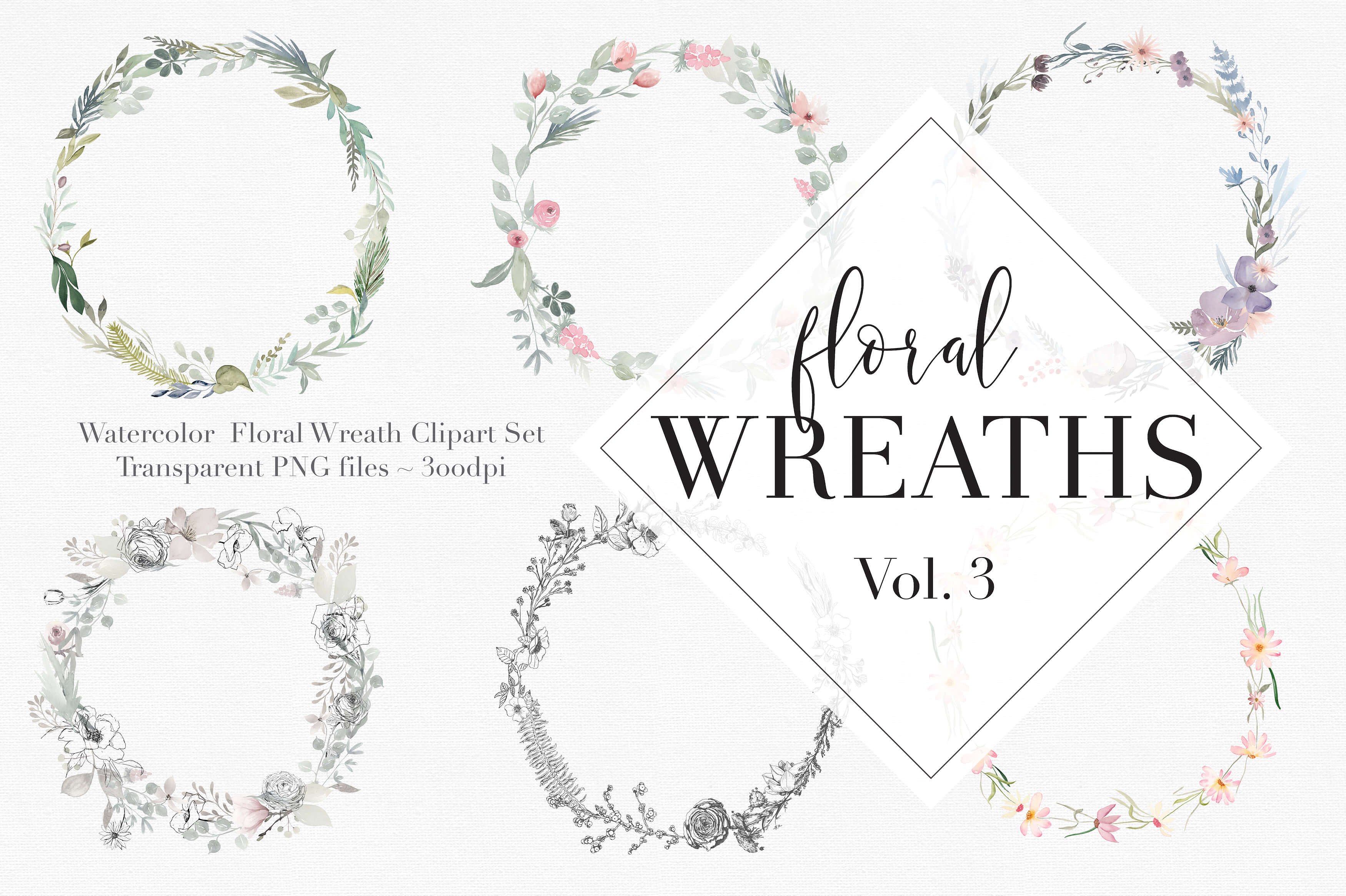 独特的手绘花卉花环剪贴画合集 Vol.3 Watercolor Floral Wreaths Vol.3插图