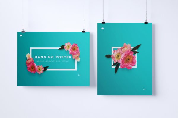横向&amp;纵向悬挂海报设计效果图样机模板 Two hanging poster mockup, landscape and portrait view