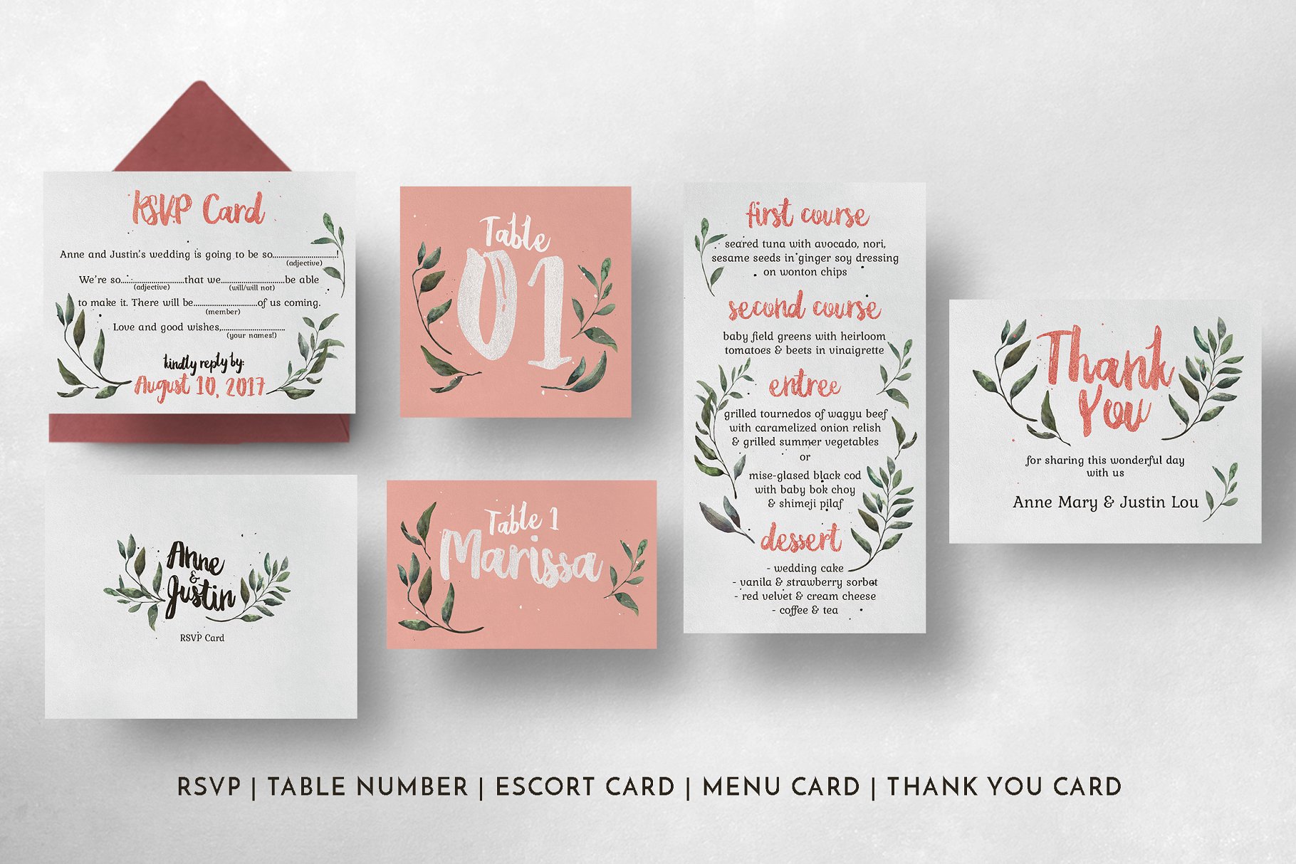 质朴粉色&绿色婚礼设计物料模板 Rustic Pink & Green Wedding Suite插图(5)