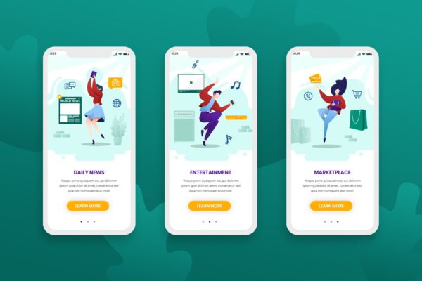 时尚生活概念插画APP应用启动页设计模板 Onboarding Screens Mobile App