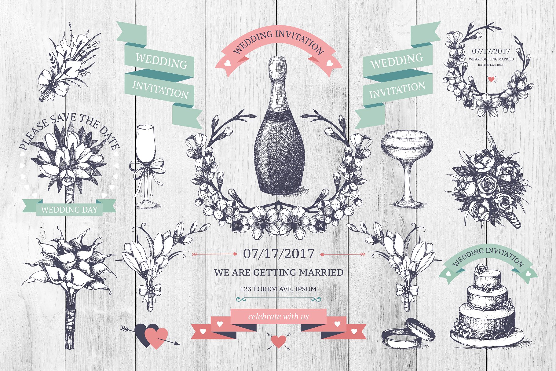 复古婚礼设计矢量元素合集 Vector Wedding Design Elements Set插图(1)