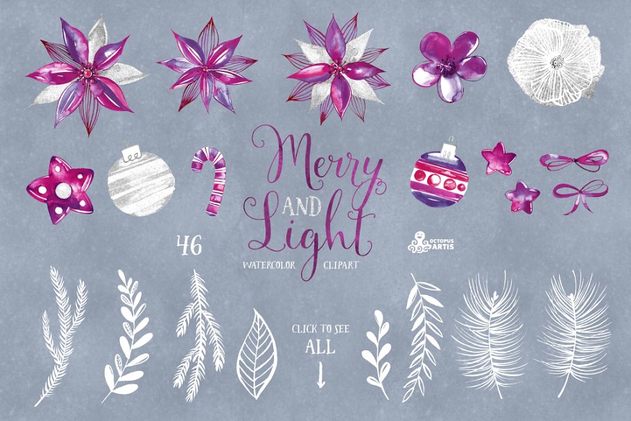 假日手绘水彩花卉剪贴画合集 Merry and Light. Holiday collection插图(4)