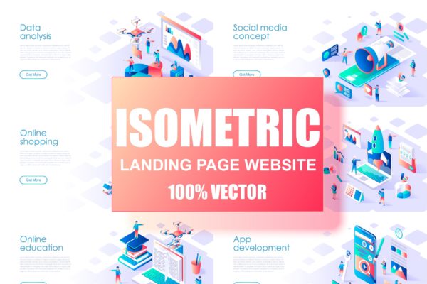 等距扁平化设计概念插画着陆页设计模板 Isometric Flat Design Concept Landing Page