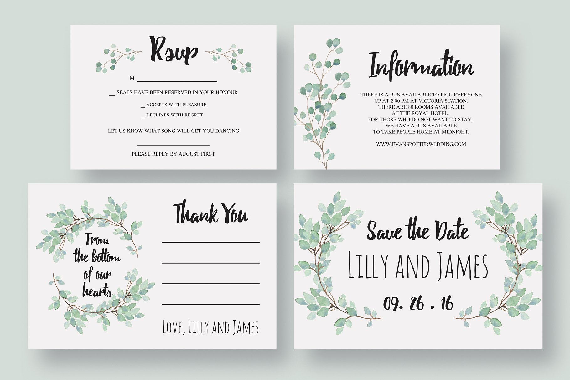 绿植装饰桉树婚礼邀请函模板 Eucalyptus Wedding Invitation Suite插图(2)