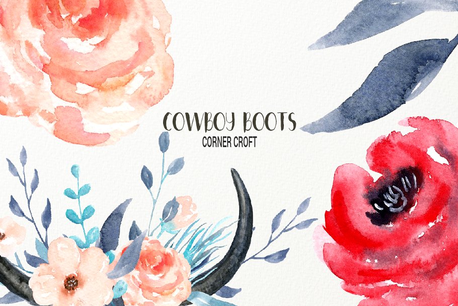 经典水彩牛仔靴剪贴画 Watercolor Cowboy Boots Illustration插图(8)