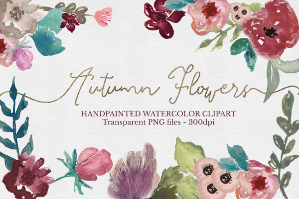 手绘水彩花卉＆树叶图案 Floral Watercolor Clipart Set