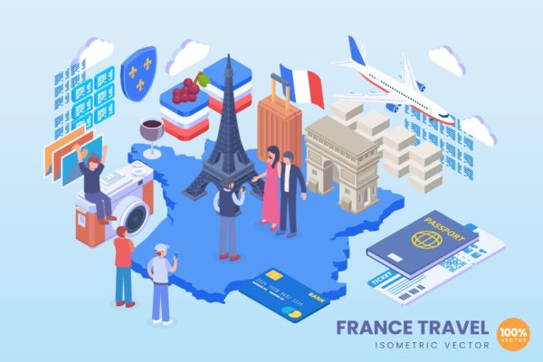 法国旅行主题等距素材库精选概念插画 Isometric France Travel Vector Concept