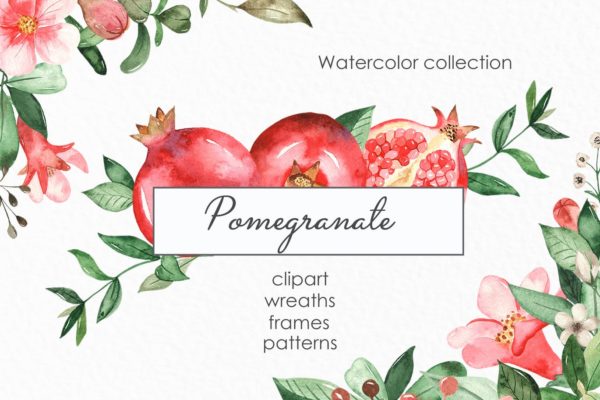 水彩石榴剪贴画/花框/花环素材库精选设计素材 Watercolor pomegranate. Clipart, frames, wreaths