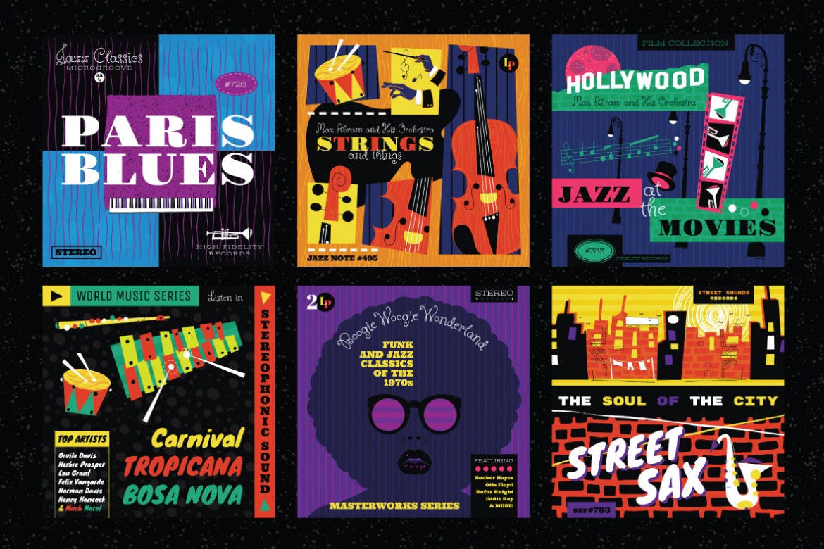 好莱坞经典音乐剧/老式爵士乐矢量插画&海报设计模板 Musical Illustrations and Poster Templates插图(3)