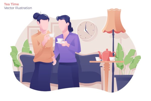 品茶时光茶文化主题矢量插画设计素材 Tea Time – Vector Illustration