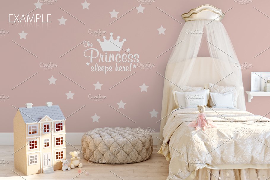 儿童主题室内墙纸设计展示和相框画框样机 Kids Interior Wall & Frames Mockup 1插图(9)