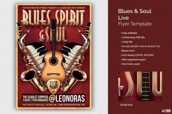 蓝调&amp;灵魂音乐节活动海报传单设计模板 Blues and Soul Live Flyer PSD