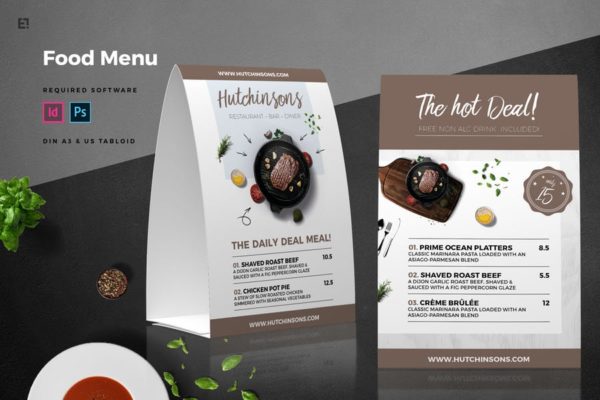 餐桌立式餐厅饭店菜单设计模板 Table Tent Food Menu