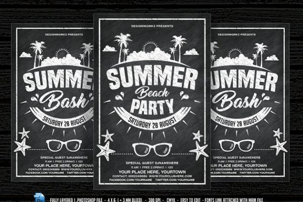 海滩派对黑板报海报宣传设计模板 Chalkboard Summer Beach Party